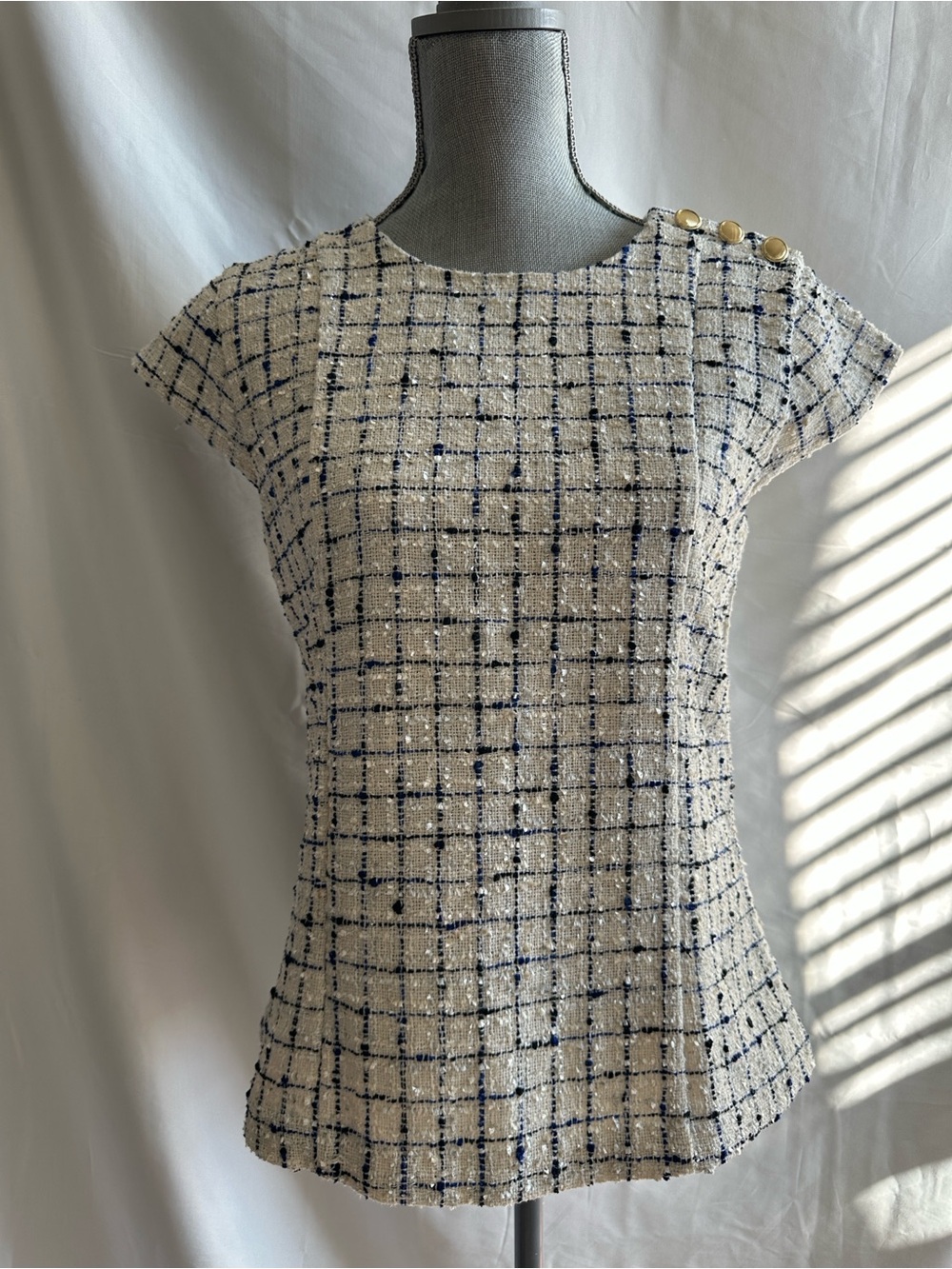 Ann Taylor Ivory Tweed Top with Navy Windowpane and Gold Buttons